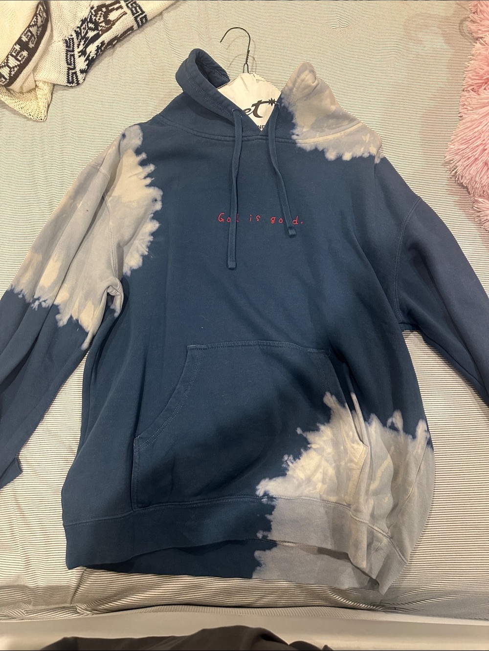 Navy Tie-Dye Hoodie with 'God is good.' Embroidery
